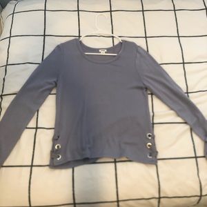 Blue side tie garage sweater